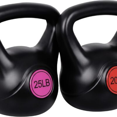 2-Piece Kettlebell Set with 20 lb and 25 lb Weights, Vinyl Coating, Wide Grip Handles and Flat Bases for Home Strength Training