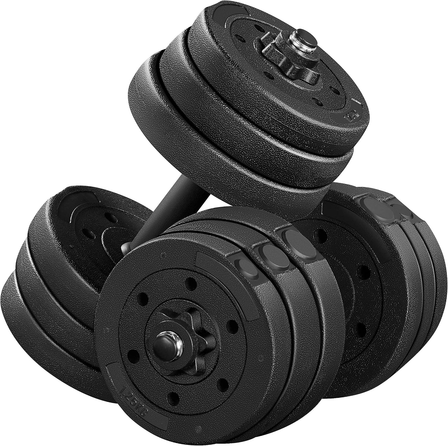 Adjustable Dumbbell Set with Spinlock Collars, Black Concrete-Filled Plastic Plates and Iron Bar, Non-Slip Grip for Beginner Home Gym Workouts
